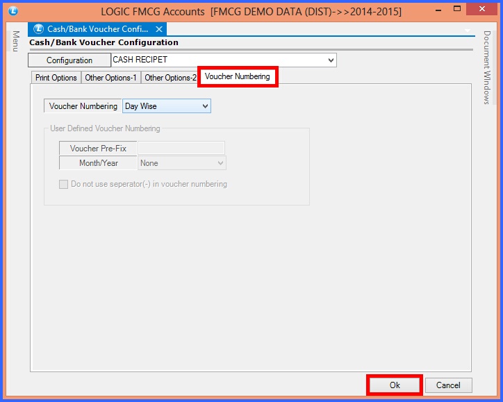 fmcg cash bank voucher configuration voucher numbering